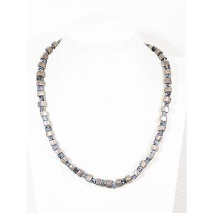 Gray Black Square Stone Cube Beaded Necklace 18"